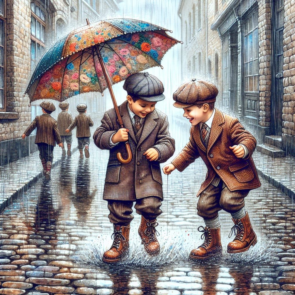 Boys Playing in Rainy Street: Watercolor Illustration