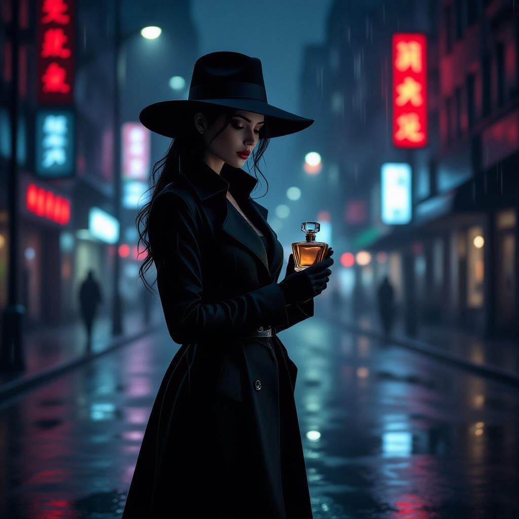 Melancholic Android Woman on Rainy City Street at Night