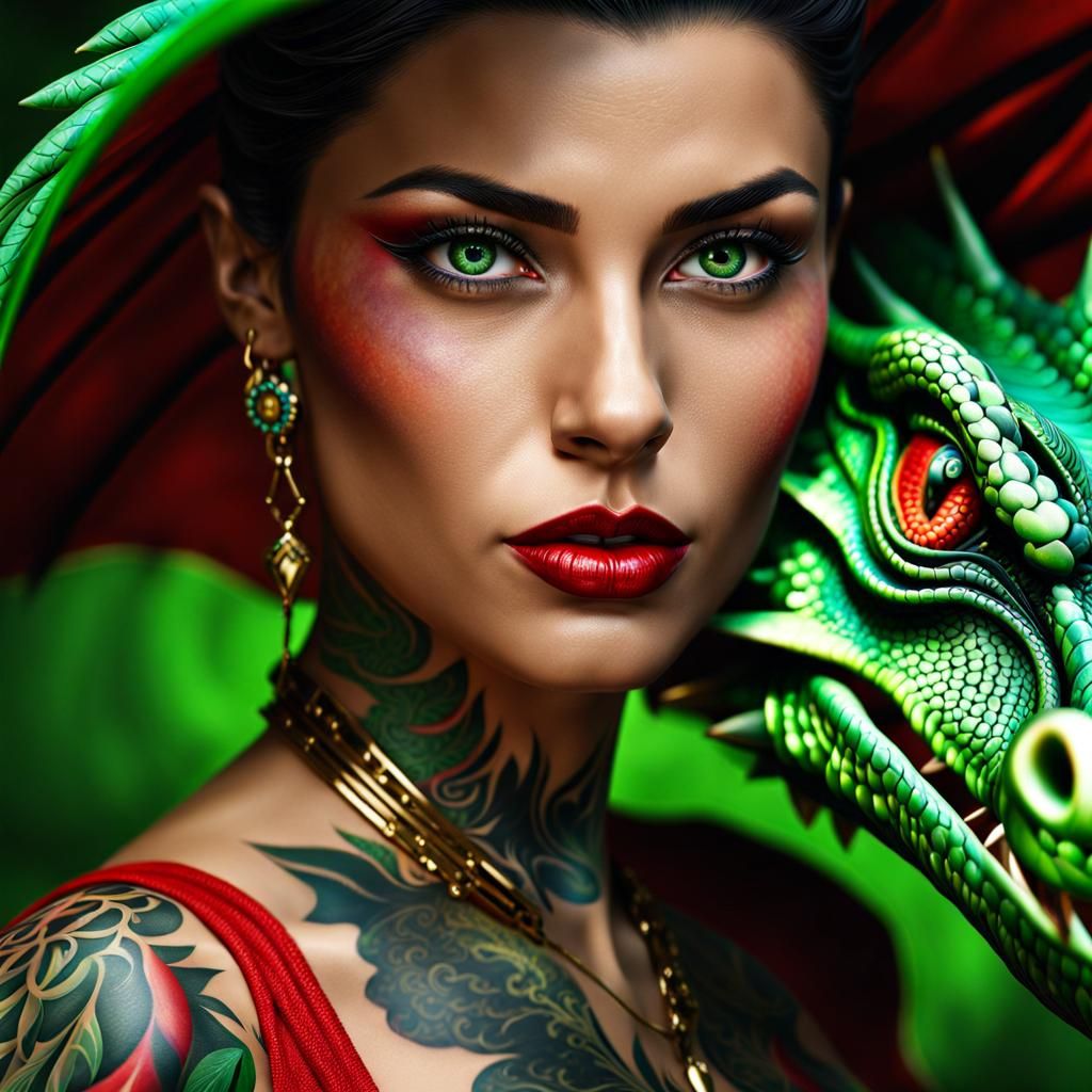 Italian Woman with Dragon Tattoos: Ultra Realistic Portrait