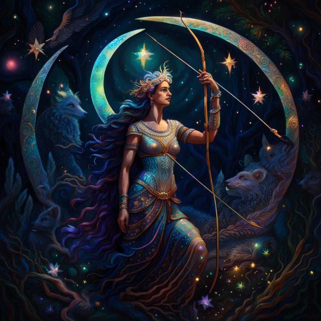 Diana in Ancient Woodlands: Holographic Astral Illustration