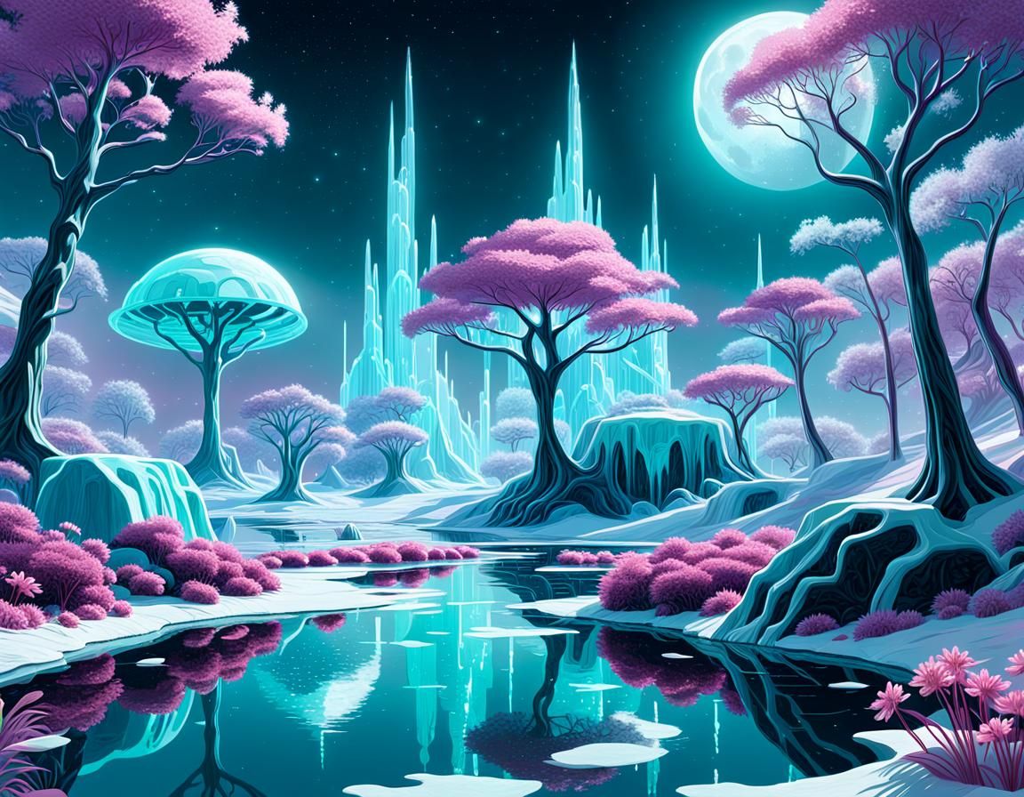 Mystical Ice Garden with Glowing Alien Flora