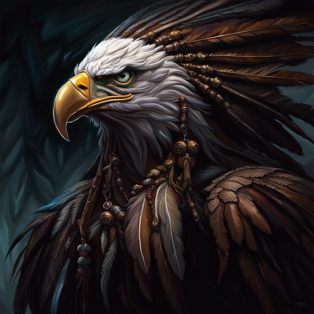 Eagle Feather Headdress as Dark Fantasy Oil Painting