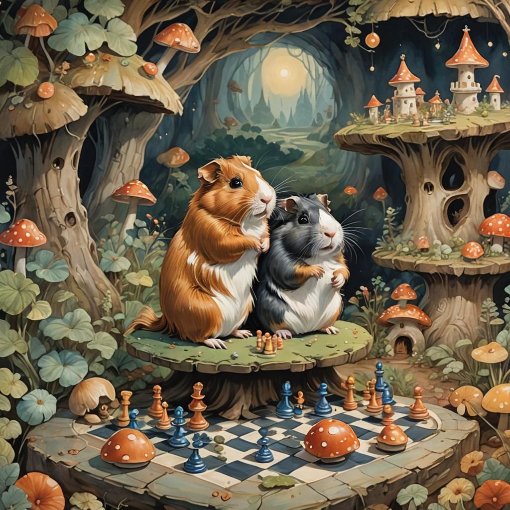 Guinea Pigs Play Chess: Whimsical Gouache Burrow