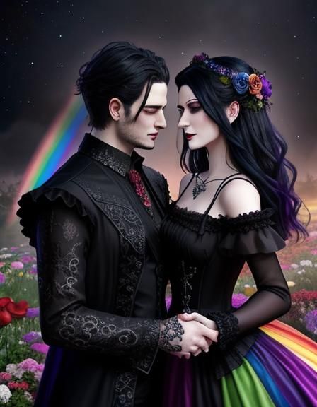 Gothic Couple in Romantic Fantasy with Rainbow Gowns