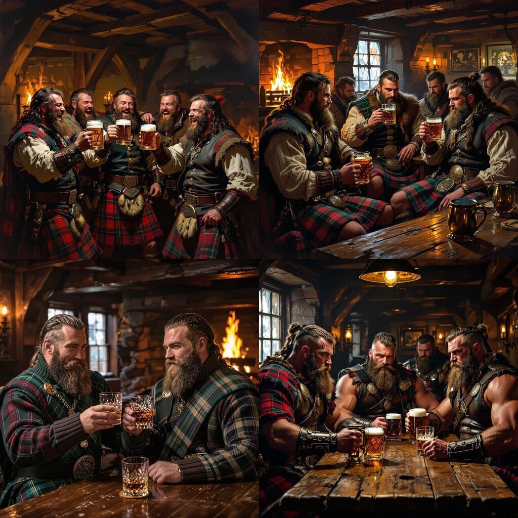 Highlander Men Enjoy Drinks at a Cozy Pub