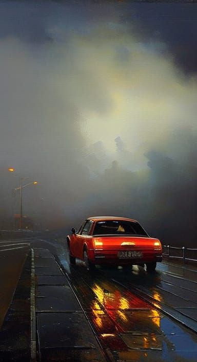 Kind Driver on Stormy Night in Oil Painting Style