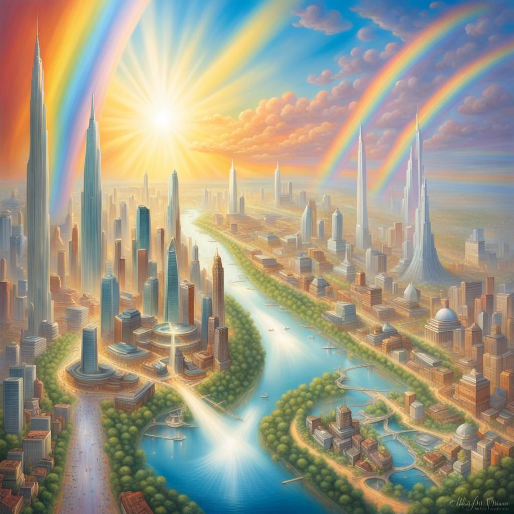 Utopian City of Light Beings in Gilbert Williams Style