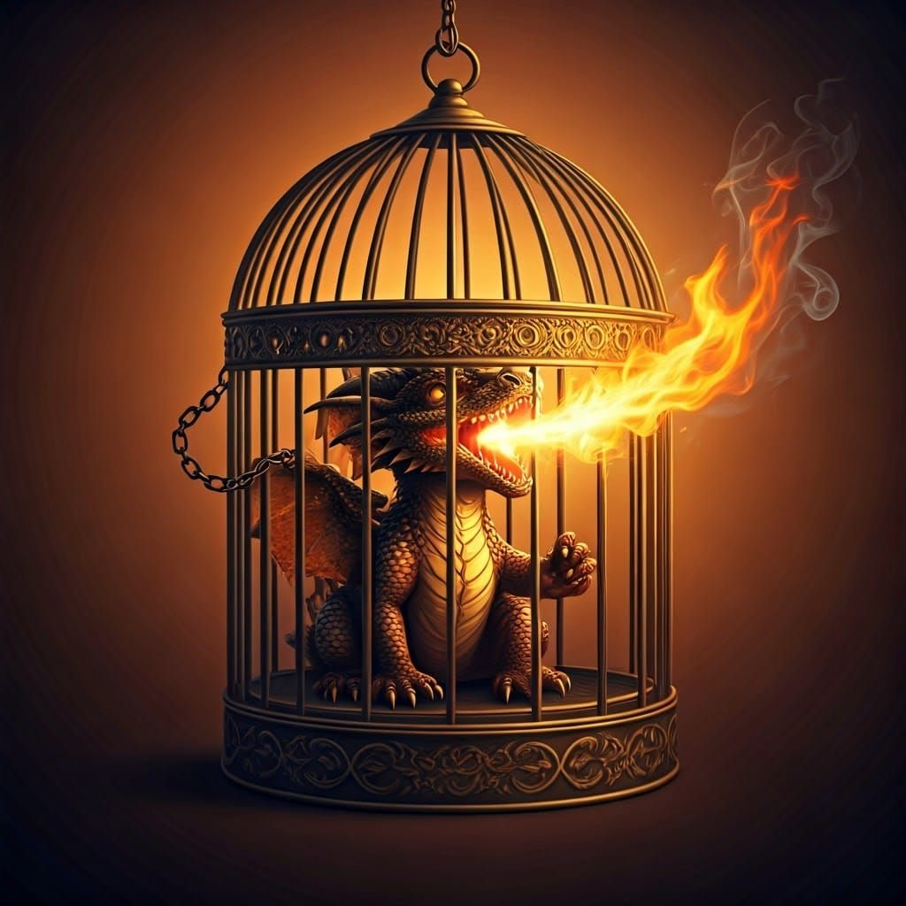 Fiery Baby Dragon in Ornate Birdcage