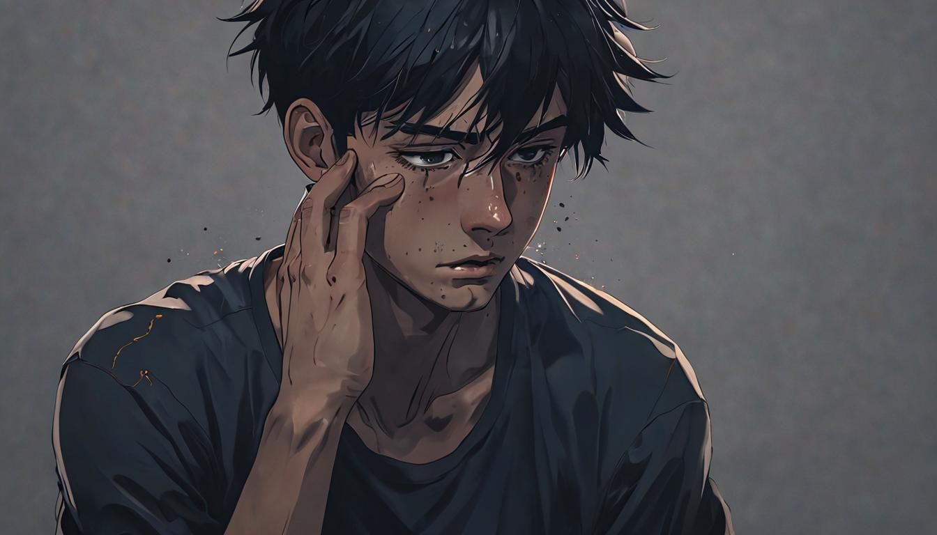 Distressed Anime Man Grips Head in Despair