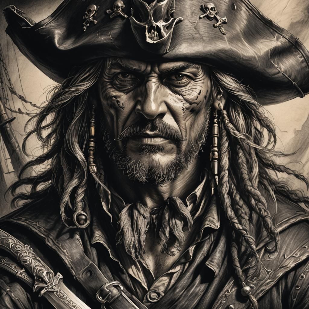 Detailed Charcoal Portrait of a Pirate with Sword