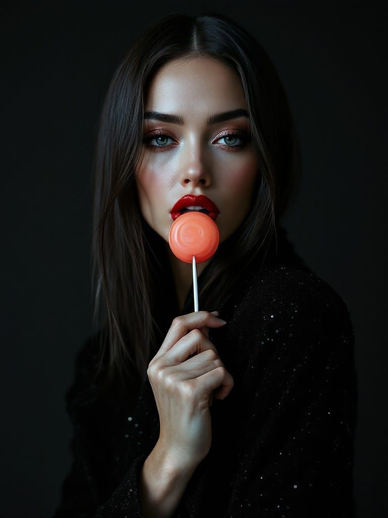 Glamorous Woman with Lollipop in Edgy Fashion Portrait