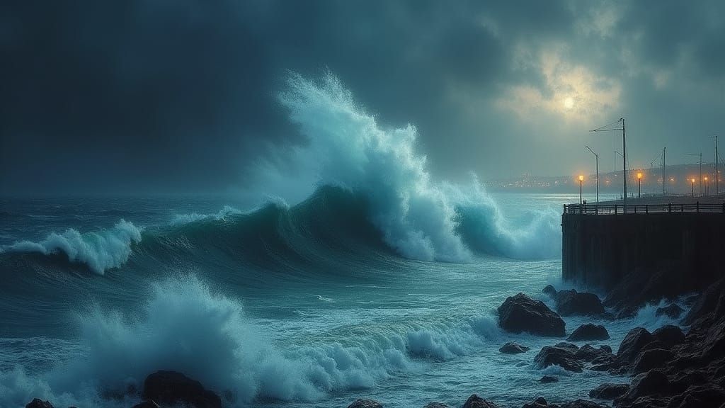 Tsunami Devastates Plymouth Port at Night