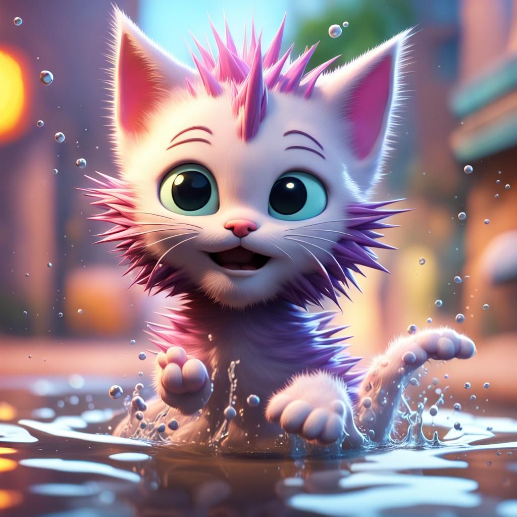 Spikey Kitten Splashing: 3D Digital Art