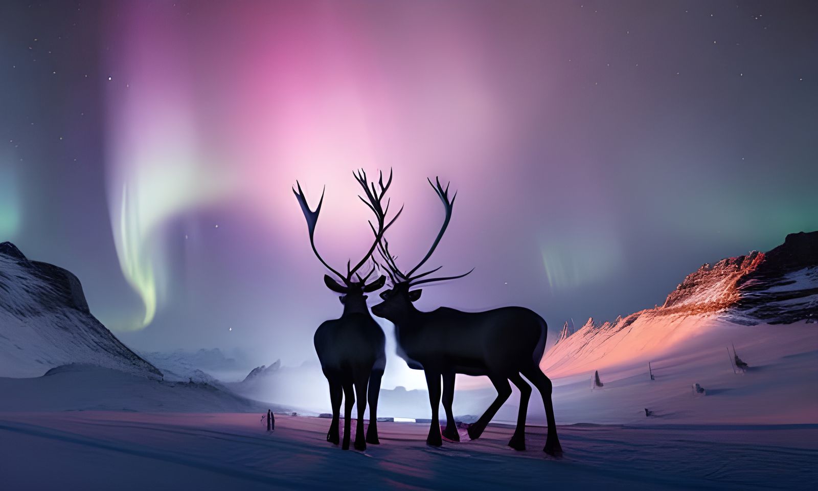 Reindeer Couple Under Northern Lights in Winter