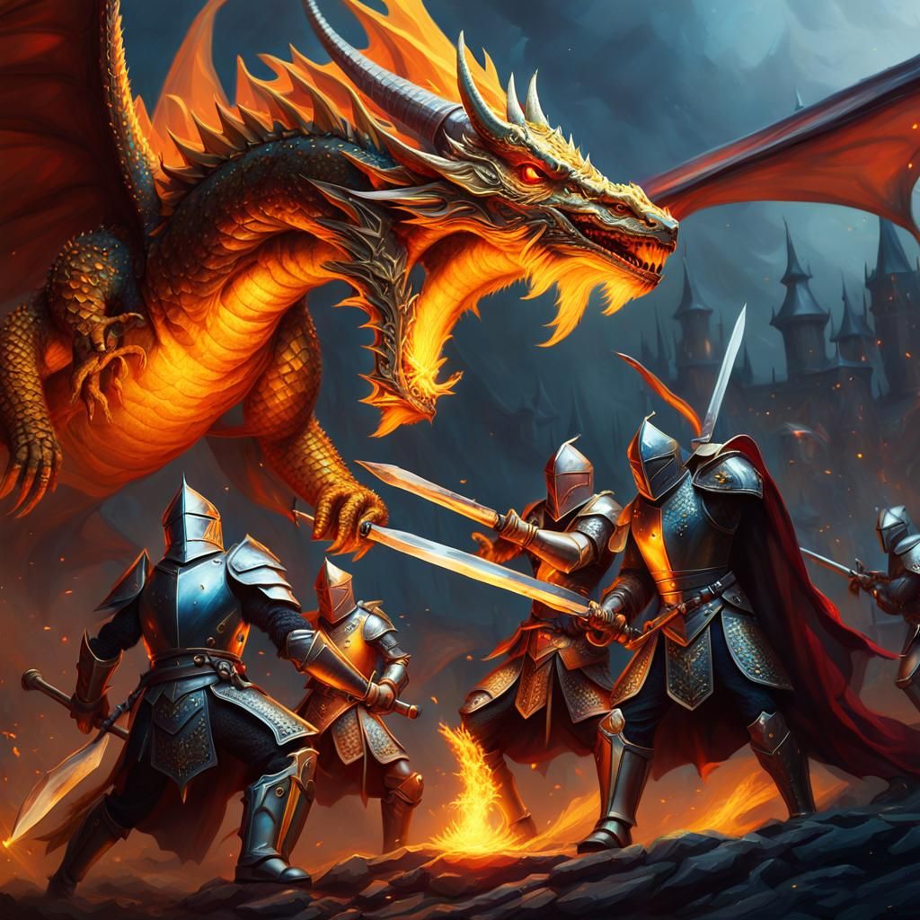 Knights vs Dragon on Thimble, Fantasy Oil Painting