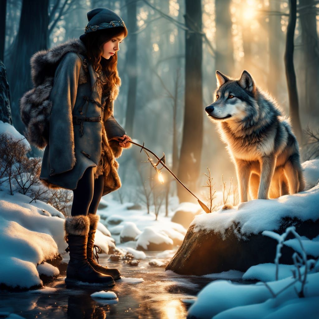 Fantasy Traveler and Wolf in Enchanting Snowy Forest