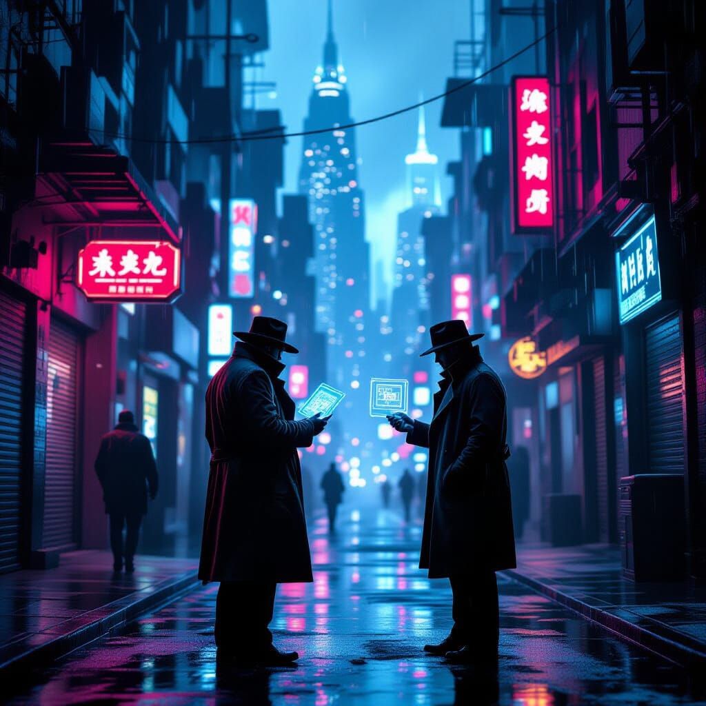 Detective Examines Holographic Clue in Neon Alley