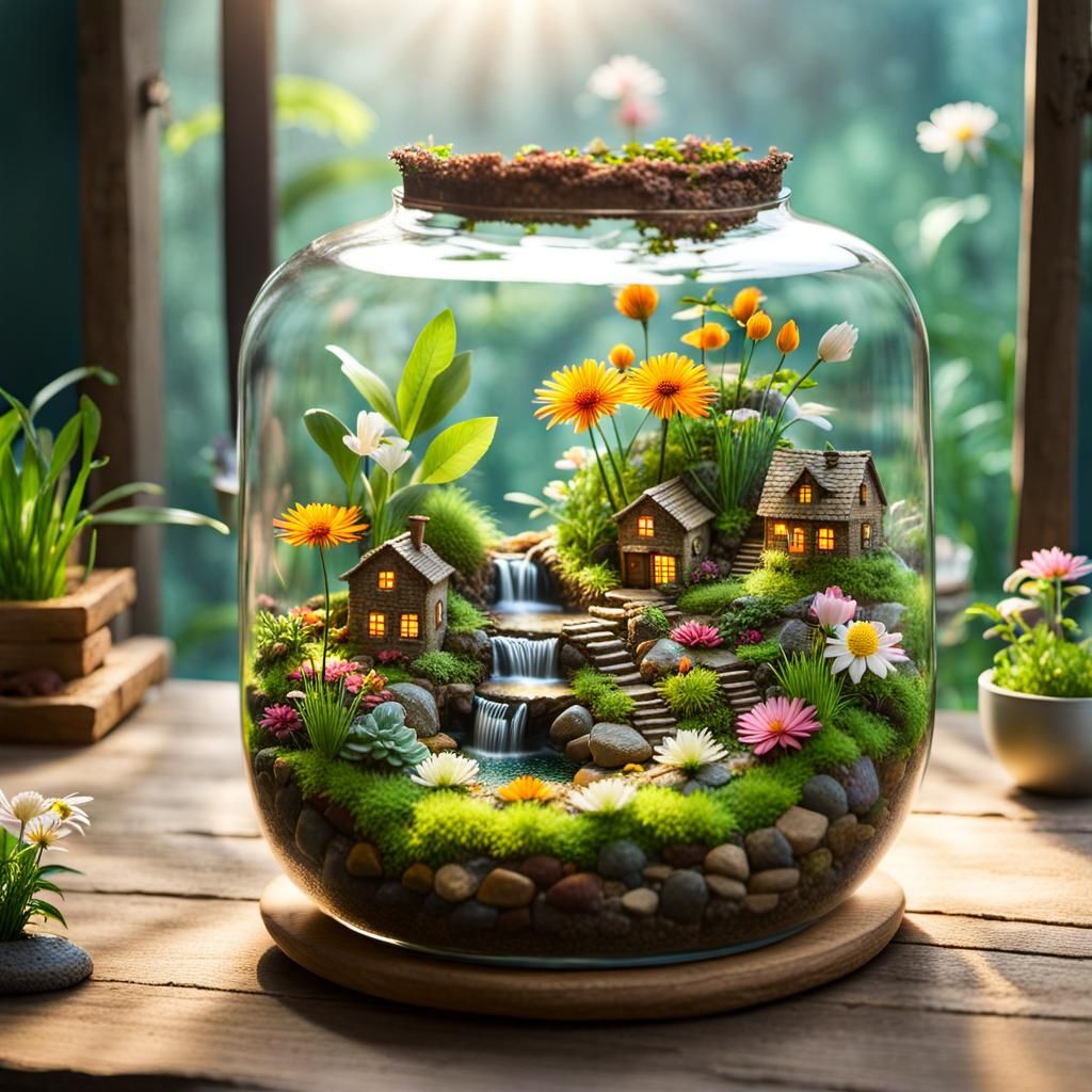 Miniature Town in Two-Story Terrarium, Digital Art