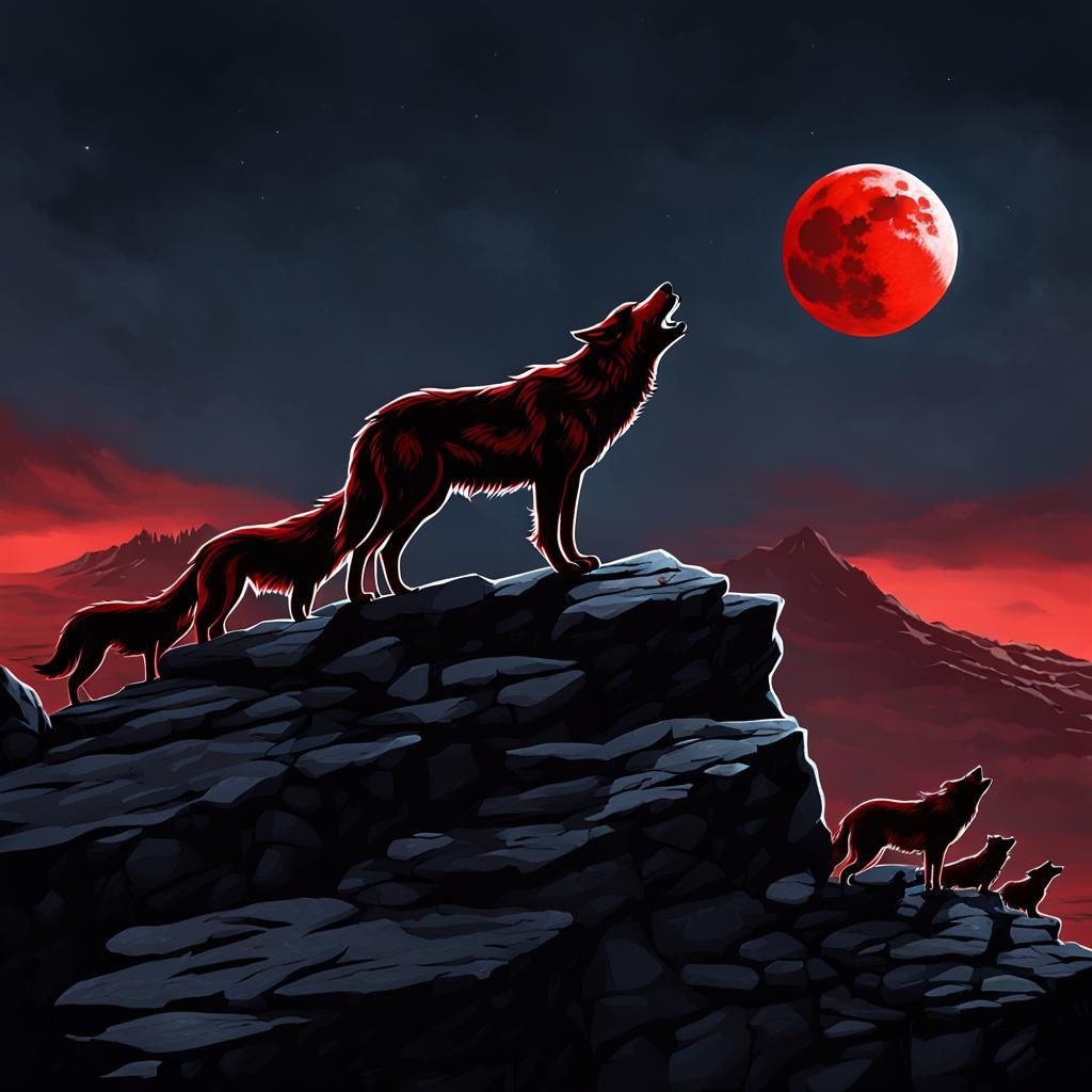 Crimson Wolf Howling at Blood Moon