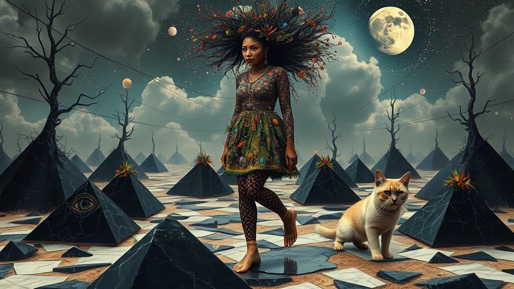 Woman Composed of Vibrant Suri Tribe Walks on Black and Whit...