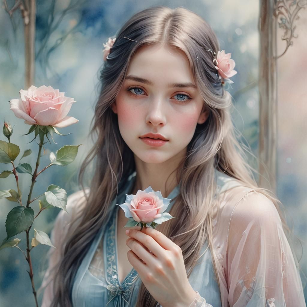Dreamy Watercolor Portrait of Girl with Glass Rose