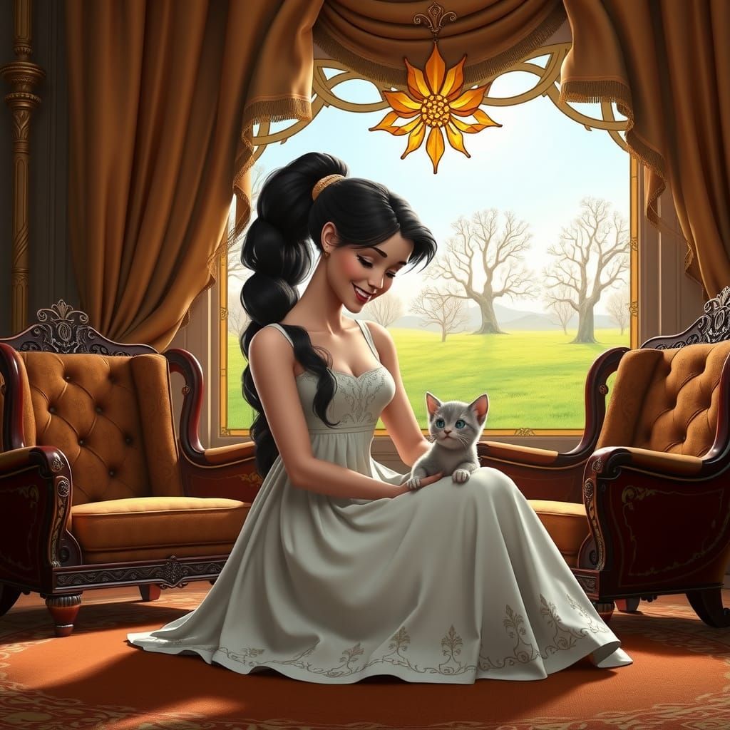 Megara Portrait with Kitten in Art Nouveau Style