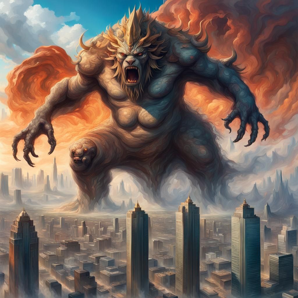 Gigantic Godlike Creature Overlooking Ocean City