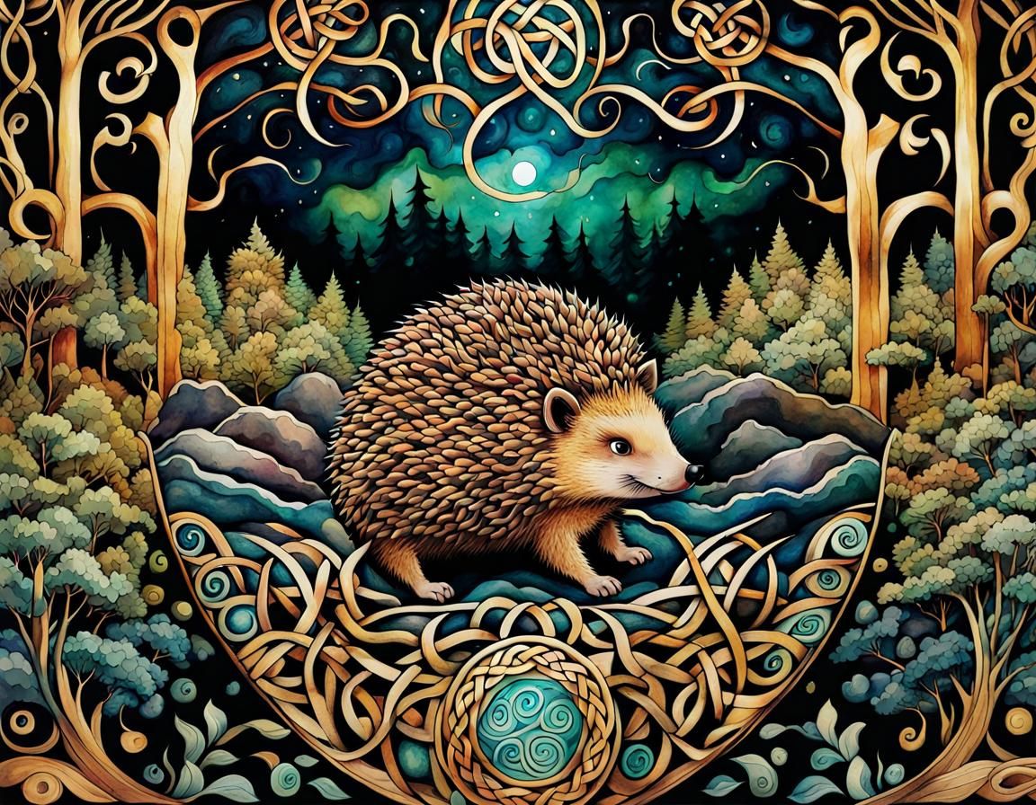 Celtic Hedgehog in Stormy Forest: Nouveau Vague Watercolor