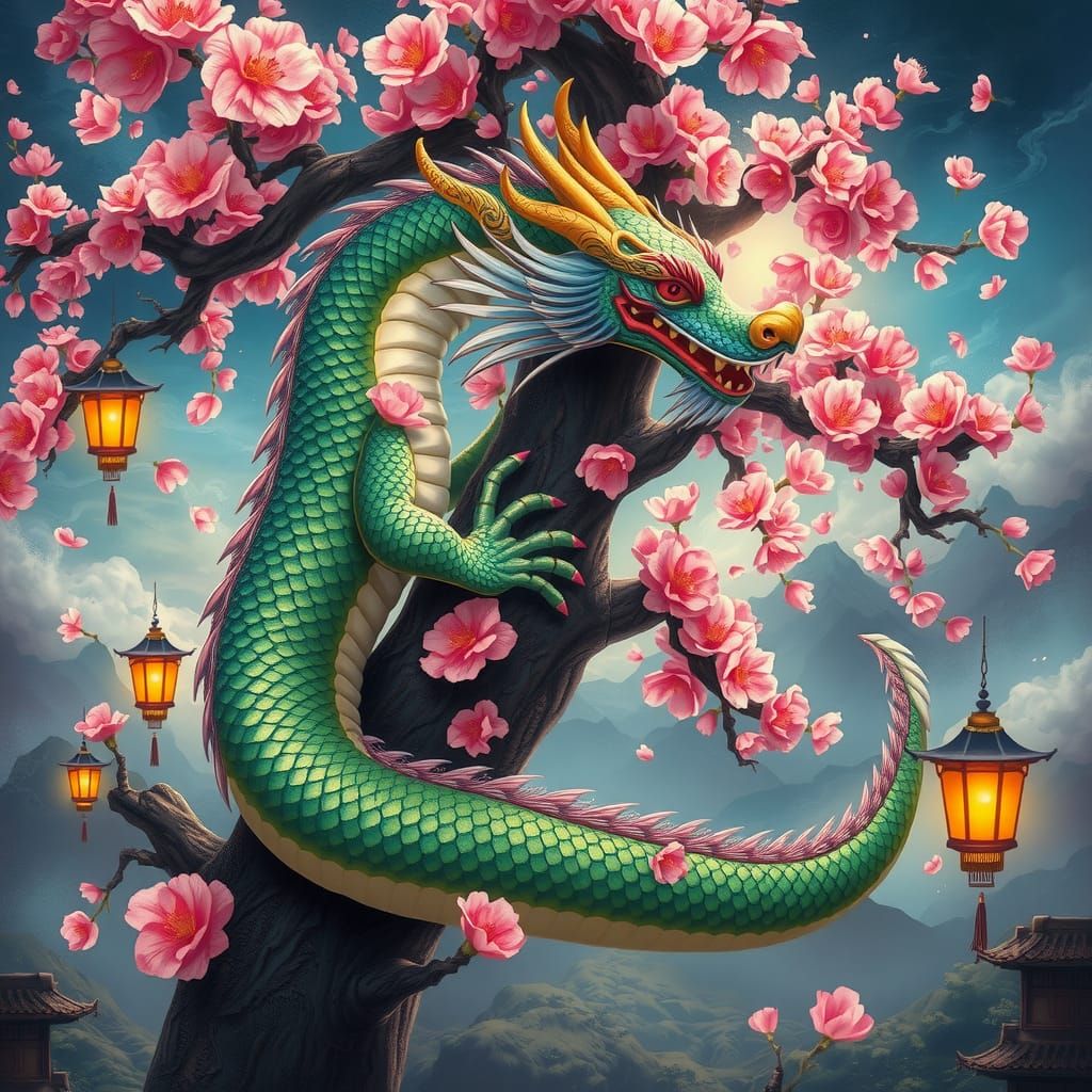 Dragon and Cherry Tree in Fantasy Landscape