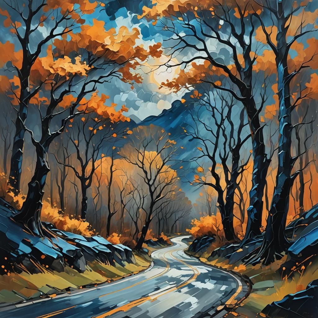 Winding Mountain Road: Abstract Expressionist Landscape