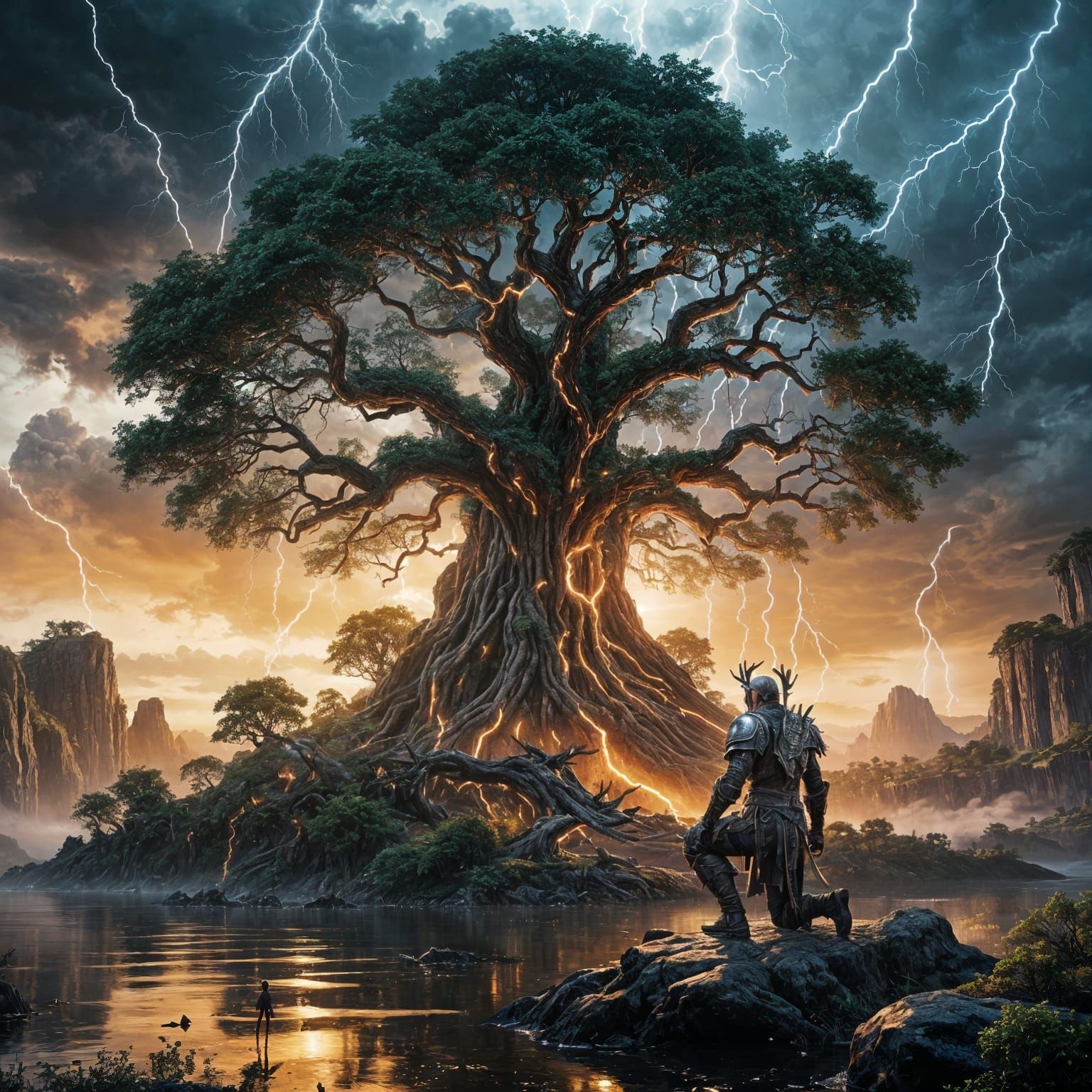 Colossal Tree on Floating Island in Stormy Sky