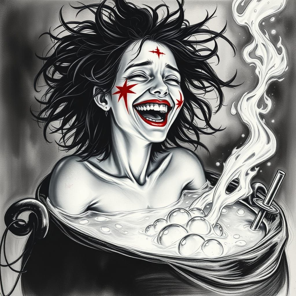 Teenage Witch Laughs in Luminous Cauldron Bath