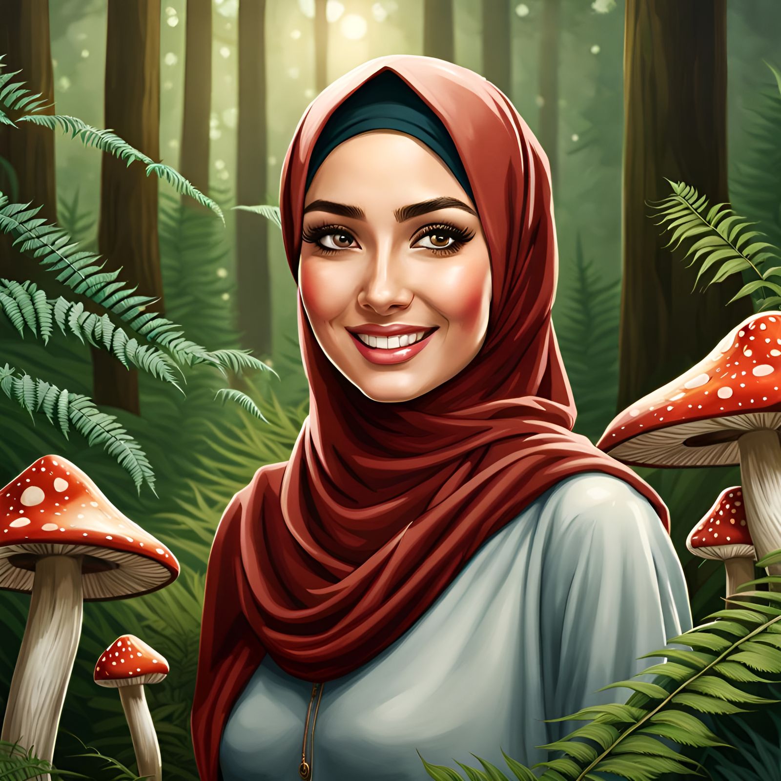 Beautiful Woman in Hijab Exploring Fantastic Forest