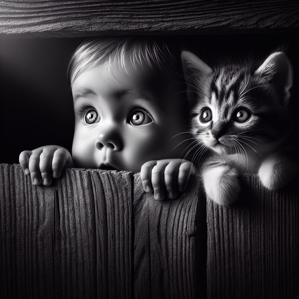 Touching Baby and Kitten Peek Through Fence