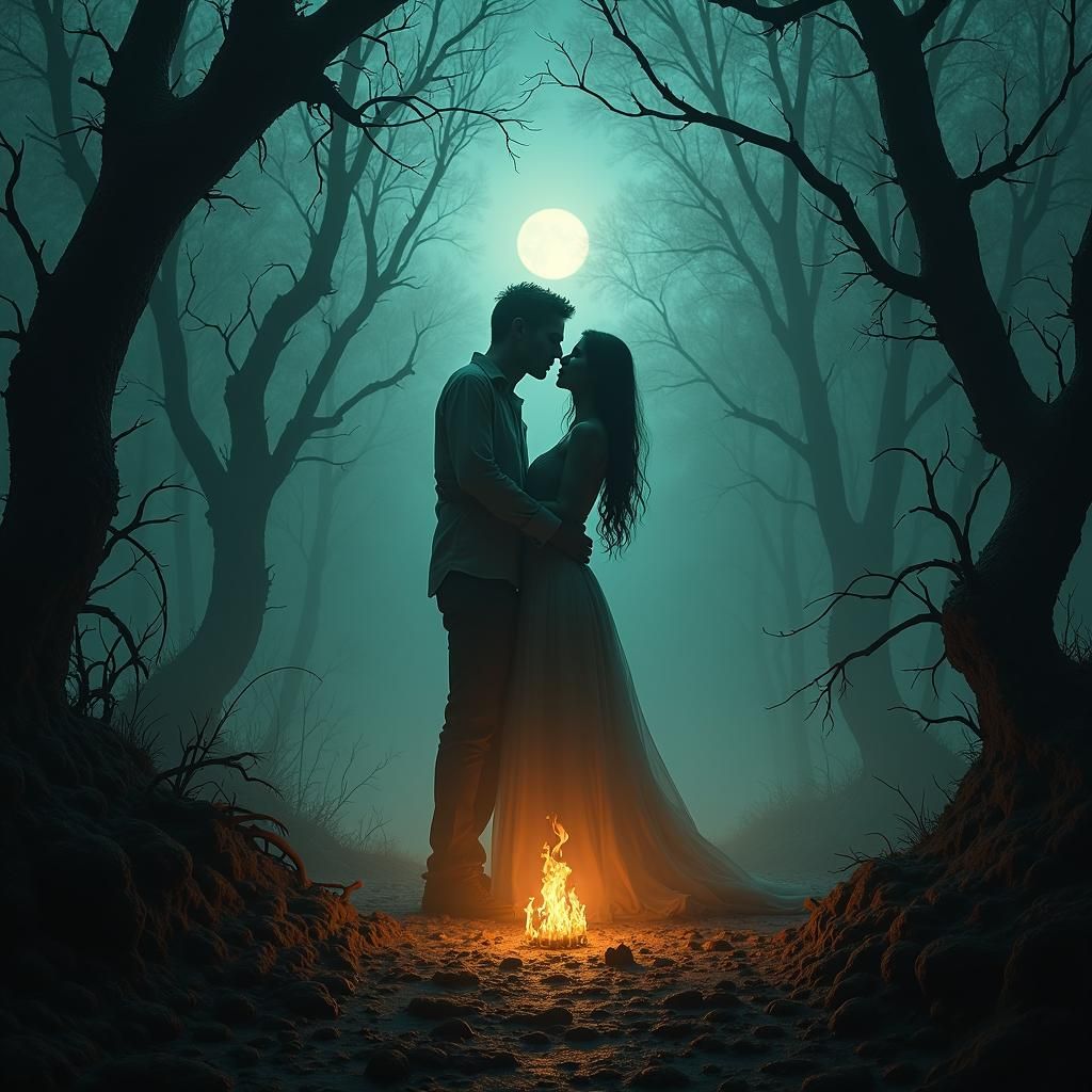 Zombie Couple Embrace in Mystical Forest