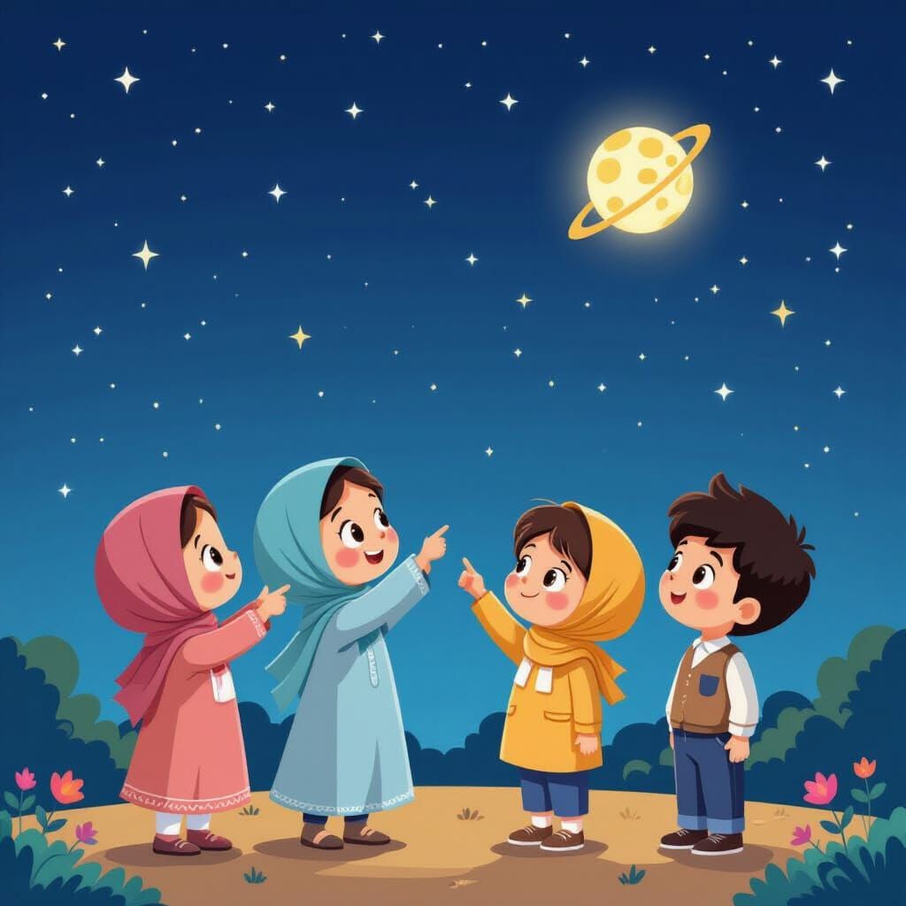 Children Explore Night Sky with Telescope in 3D Clipart Styl...