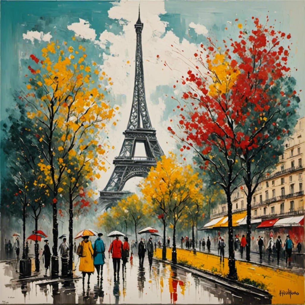 Paris Scene with Eiffel Tower in Impasto Style