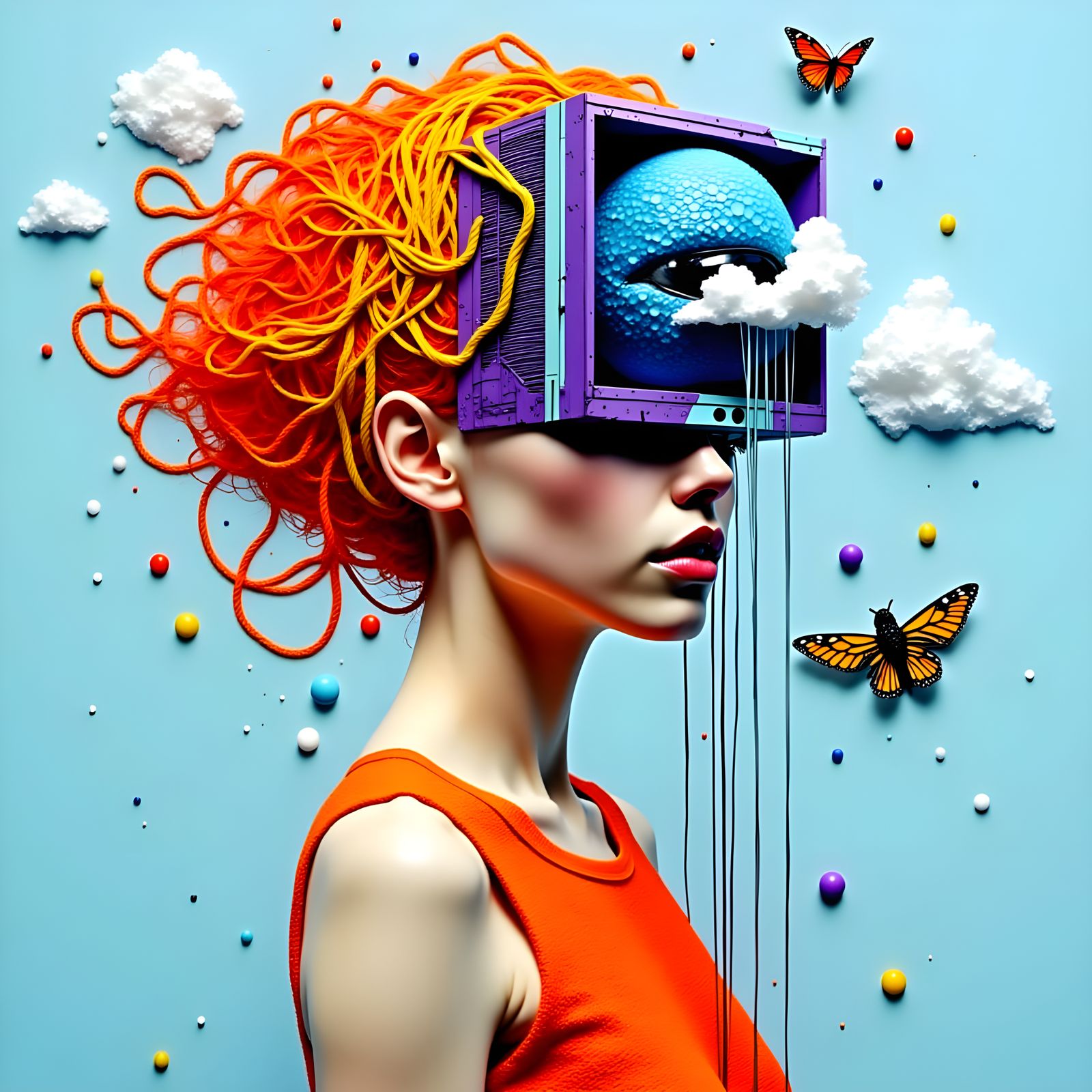 Glowing Woman in Neon Hair Surrounded by Whimsical Surreal S...