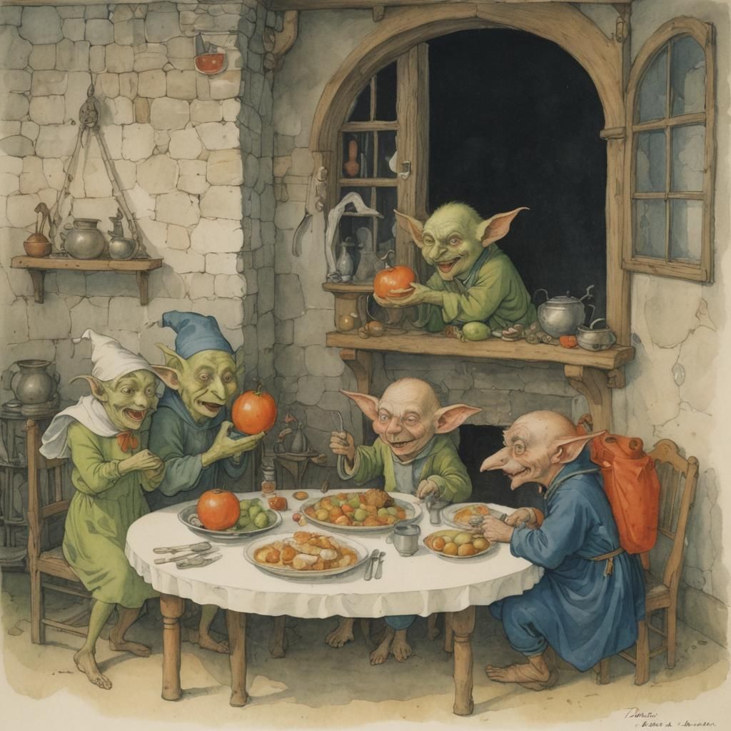 Mischievous Goblins Raid Medieval Kitchen, Illustrated Style