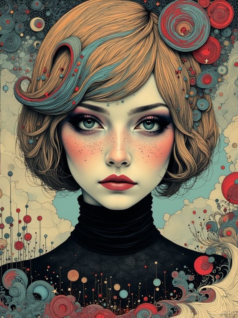 Gothic Woman Portrait with Abstract Zentangle Swirls