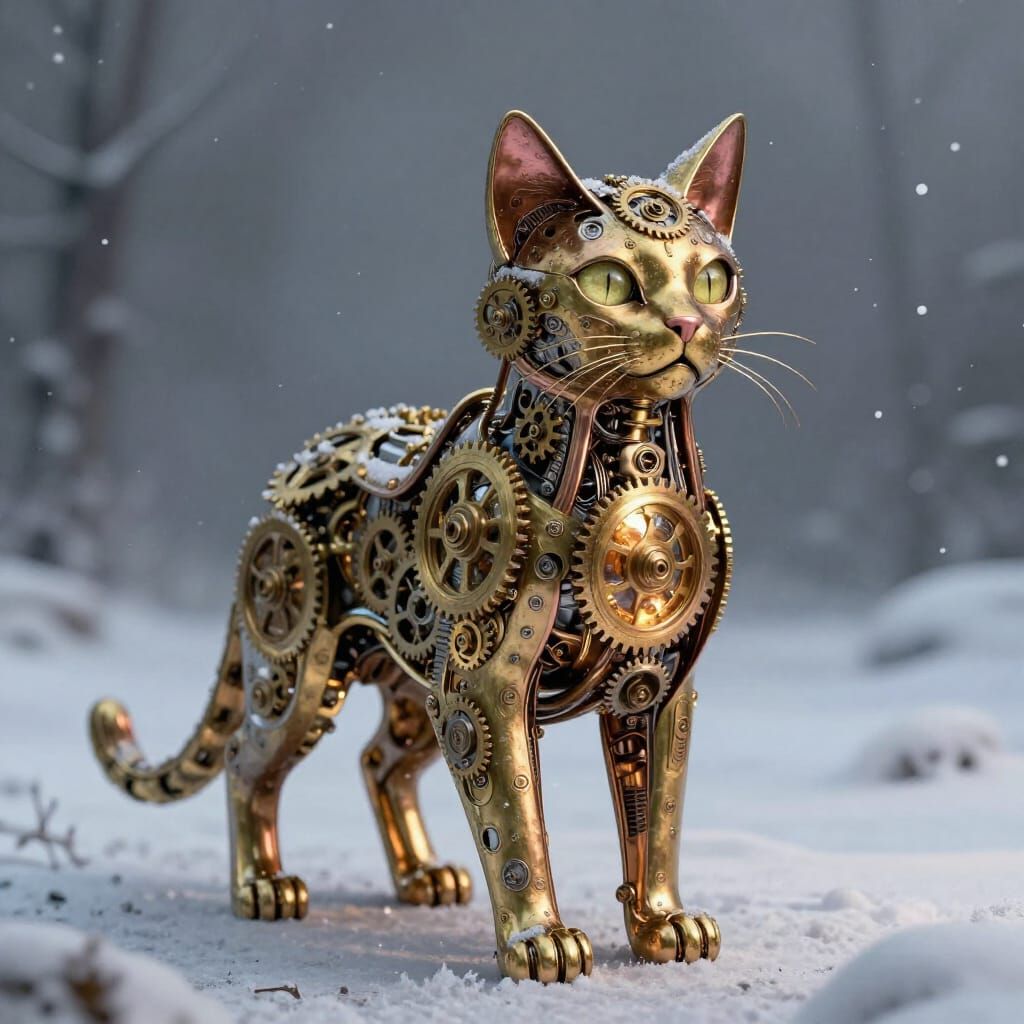 Steampunk Cat of Brass and Copper in Winter