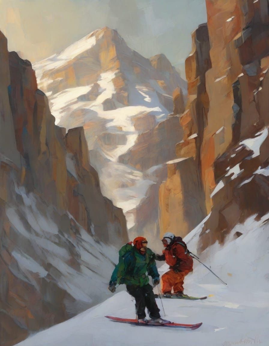 Dynamic Ski Race Ascent in Mexican Mural Style