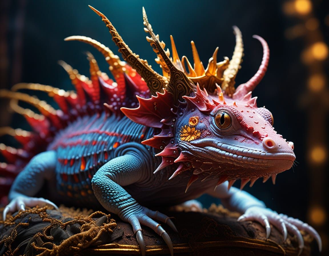 Regal Axolotl Hybrid Embodies Aztec Fire God in Cinematic Hy...