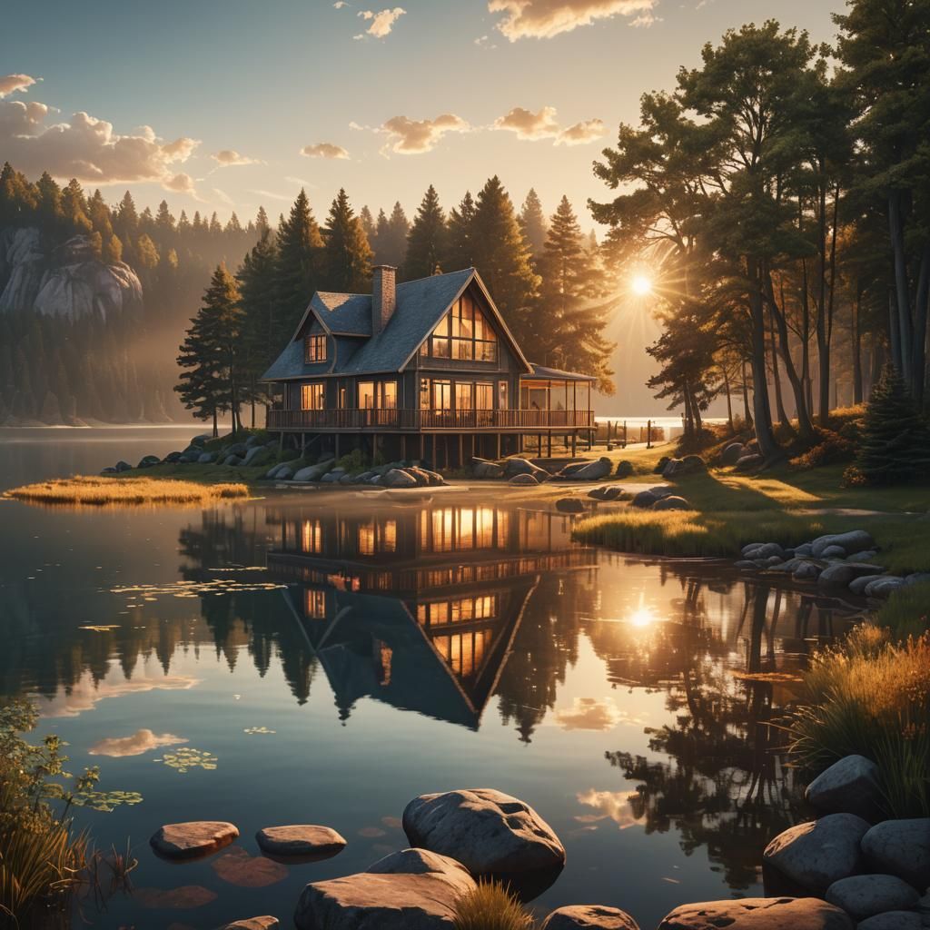 Hyperrealistic Lake House Sunset Digital Matte Painting