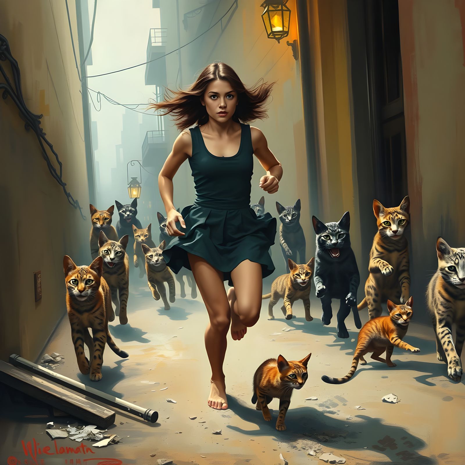 Frantic Young Woman Escapes Feral Cats in a Whirlwind of Cha...