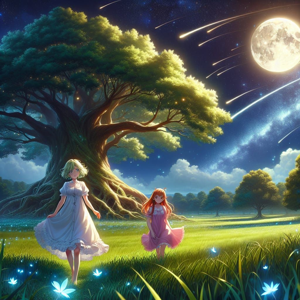 Women Chatting Under Starry Sky with Meteor Shower