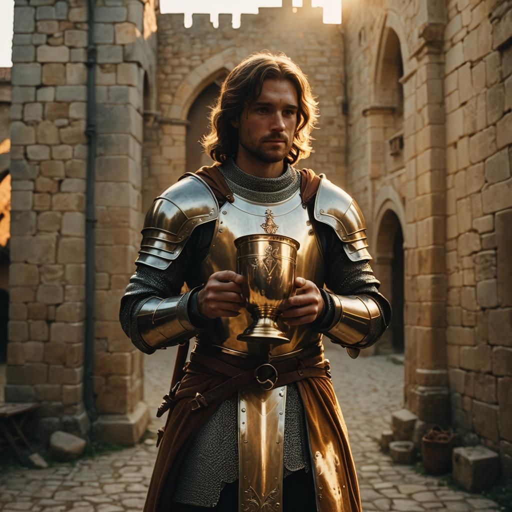 Knight with Holy Grail in Cinematic Film Still
