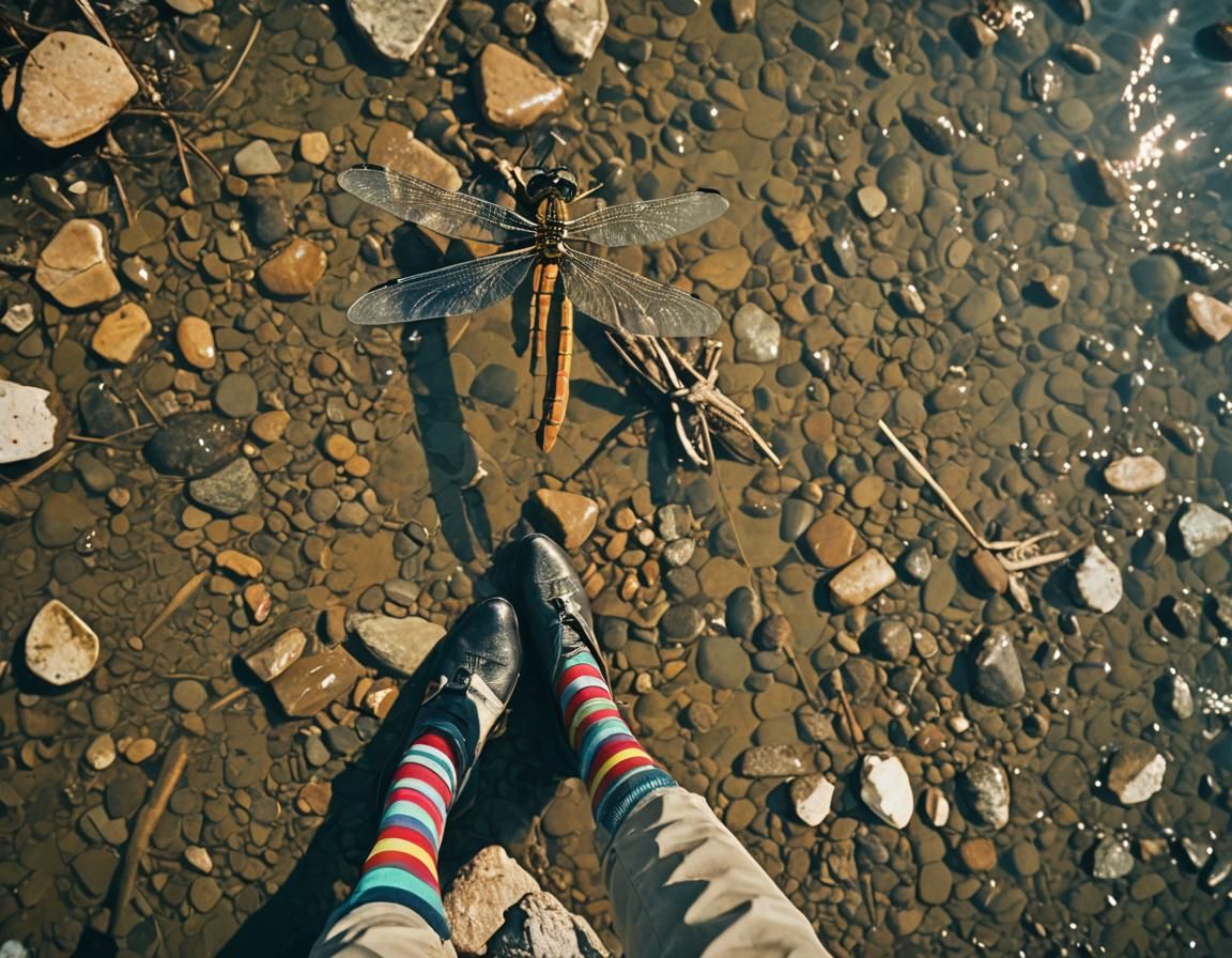 Hyperrealistic Dragonfly on Striped Socks in Sunlight
