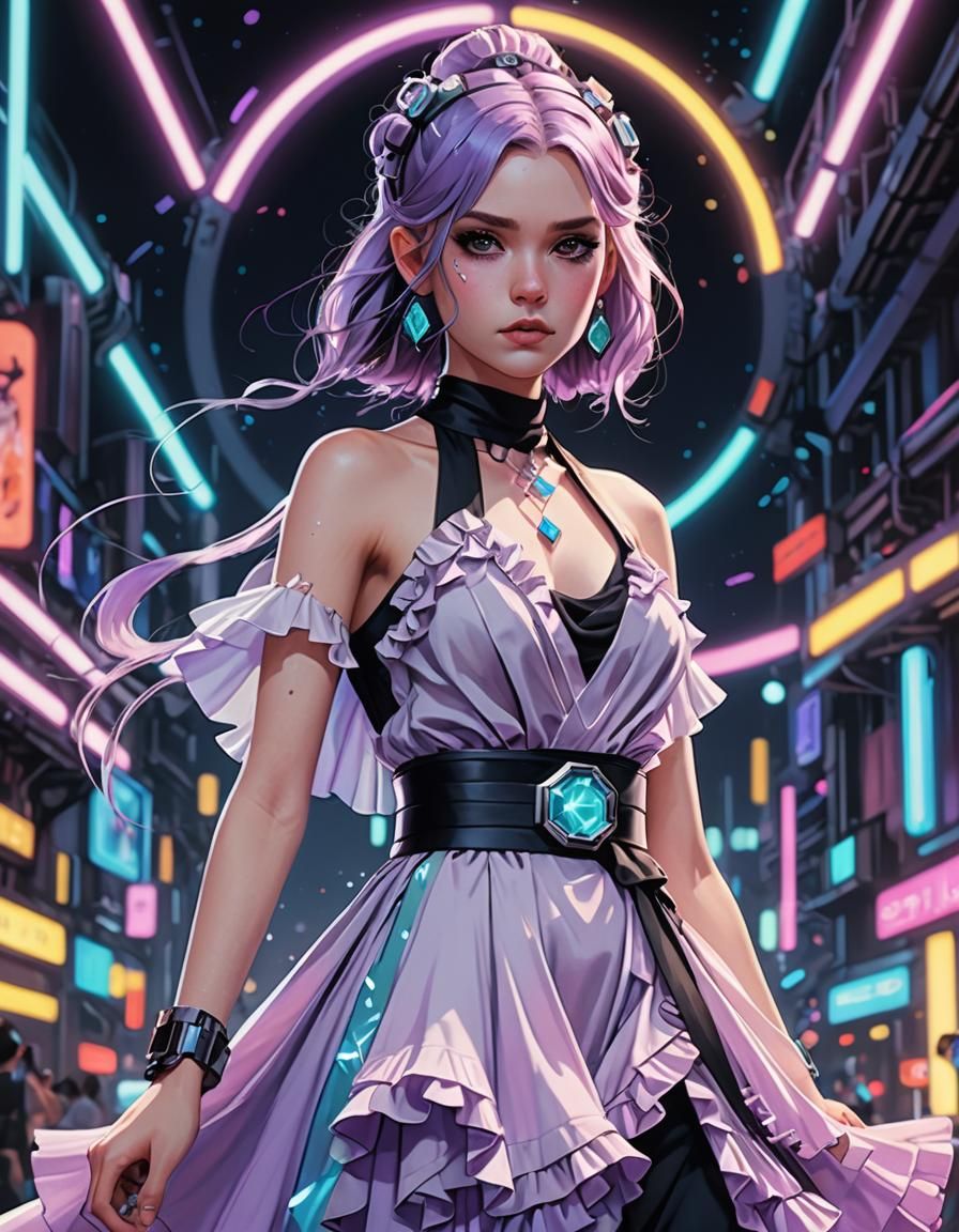 Star Wars Jedi, An image of a pastel goth-themed dress. amidst bright neon lights. The dress is a flowing ruffle dress w...