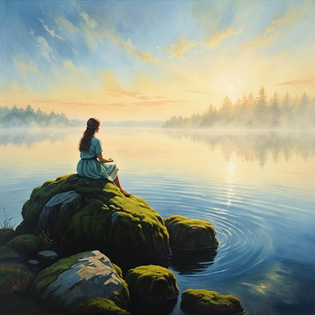 Serene Person by Lake: Surreal Oil Painting